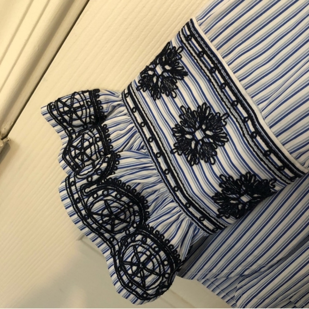 Tory Burch Blue & White Striped Embroidered Cuff Blouse - Picture 3 of 6